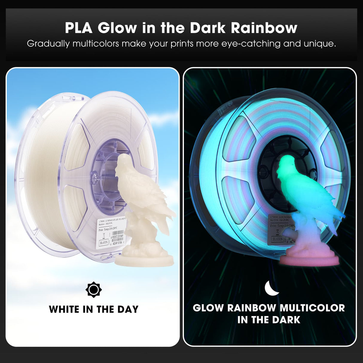 eSUN Luminous Rainbow PLA 1.75mm 3D Printer Filament 1KG Glow in the Dark